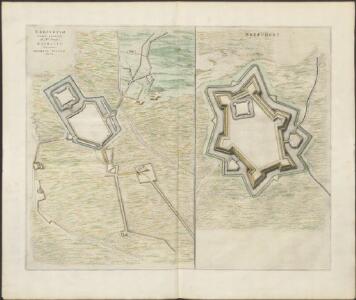 [Left] BREFVRTVM | CAPTA ANNO 1597 | ab Ill.mo Principe | MAVRITIO | Exercituum | FOEDERATÆ BELGICÆ | DVCE : [fortification plan]; [right] BREEVOORT : [fortification plan].