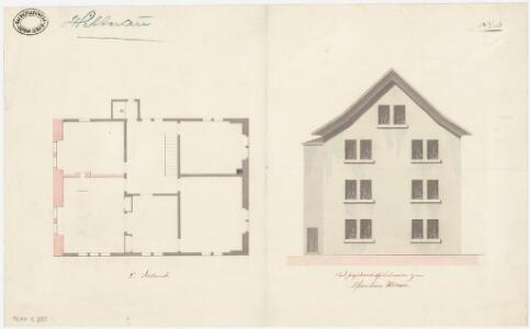 Hittnau: Pfarrhaus, neu projektierte Giebelmauer; Ansicht und Grundriss des 2. Stocks (Nr. 3)