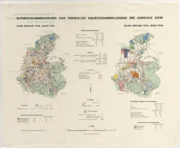 Dorf: Güterzusammenlegung und freiwillige Waldzusammenlegung, alter Bestand 1938 (Wald 1943), und neuer Bestand 1942 (Wald 1944); Überischtsplan