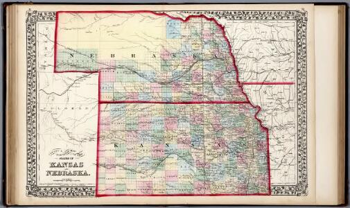 County & township map of the states of Kansas and Nebraska.