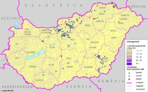 A szlovákok száma és aránya Magyarország területén (2001) és kisebbségi önkormányzataik (2004)
