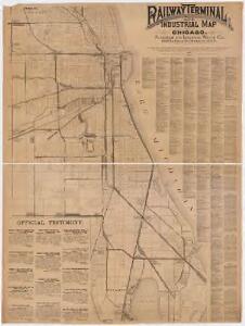 Railway terminal and industrial map of Chicago : showing the termini, connections, and general system by which interchanges and transfers of freights are effected between all railroads centering in and about Chicago, also indicating the location of freight and pasenger depots, elevators, warehouses, coal, ore, and other docks, and the leading manufactories, with an alphabetical list of the principle industries located along the lines of the same