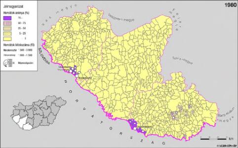 A horvátok aránya és száma Délnyugat-Magyarországon 1980-ben