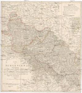 Karte von Schlesien mit der Eintheilung in Ober und Nieder Schlesien in das Breslauer und Glogauer Kam[m]erdepartement dann in Fürsterthümer und Landräthliche Kreise