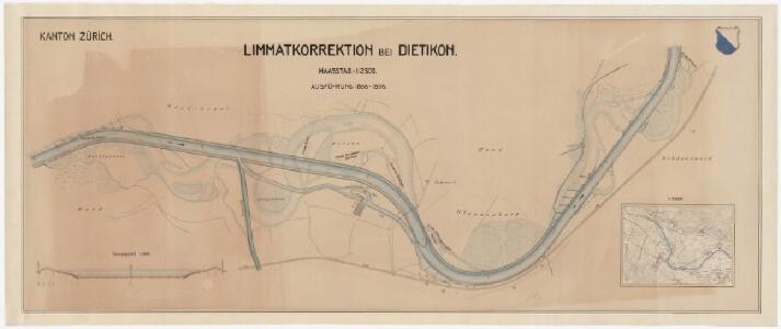 Schlieren bis Oetwil an der Limmat: Bei Dietikon, Limmatkorrektion, 1886-1895 ausgeführtes Projekt; Situationsplan, Übersichtskarte und Normalprofil